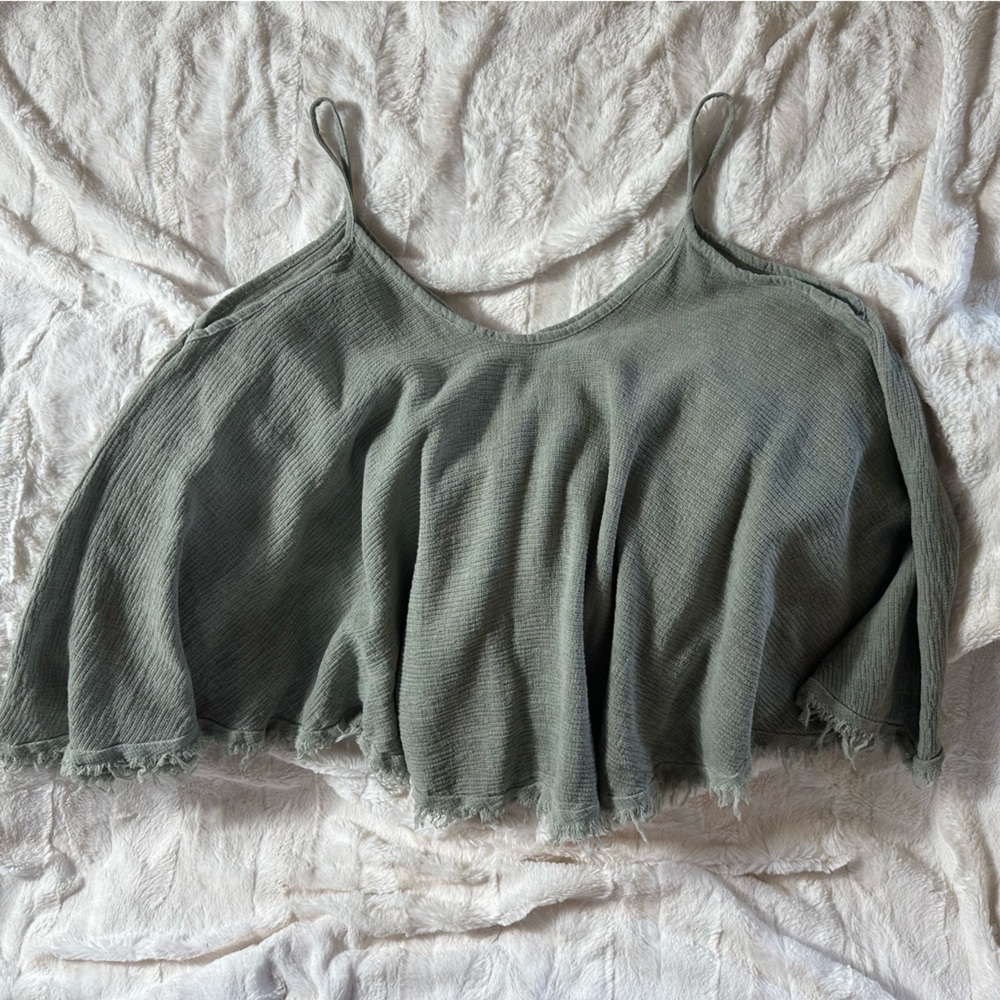 Venti 6 Gray Knit Cropped Tank Frayed Hem Spaghetti Strap Cotton Linen M